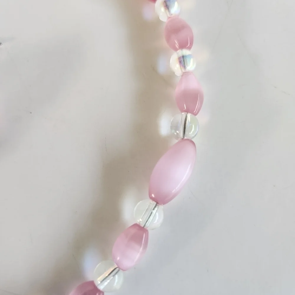 Hand Crafted Necklace and Pierced Pink Cat's Eye Iridescent Beads 15.5